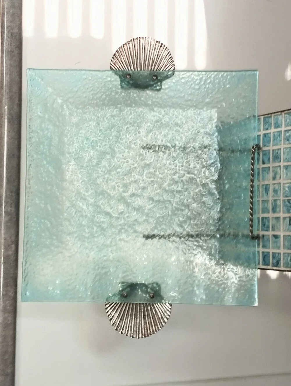Like New Aqua Tempered Square Glass Serving/Display Tray w/ Silver Shell Handles